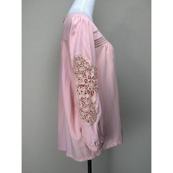 Loft Women’s Large 100% Rayon Feminine Blouse 3/4 Lace Sleeves Pink/Peach READ - Picture 3 of 16